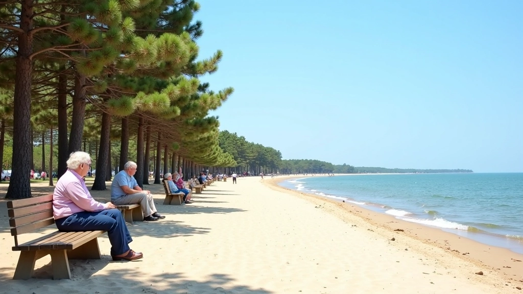 Jūrmala pludmale ar smilti, priežu aleja un seniori atpūtā uz soliem