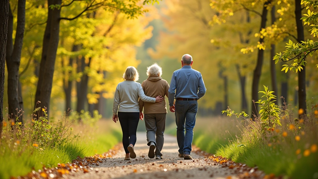 Grupa senioru staigā pa dabas taku meža vidū, rudens sezona