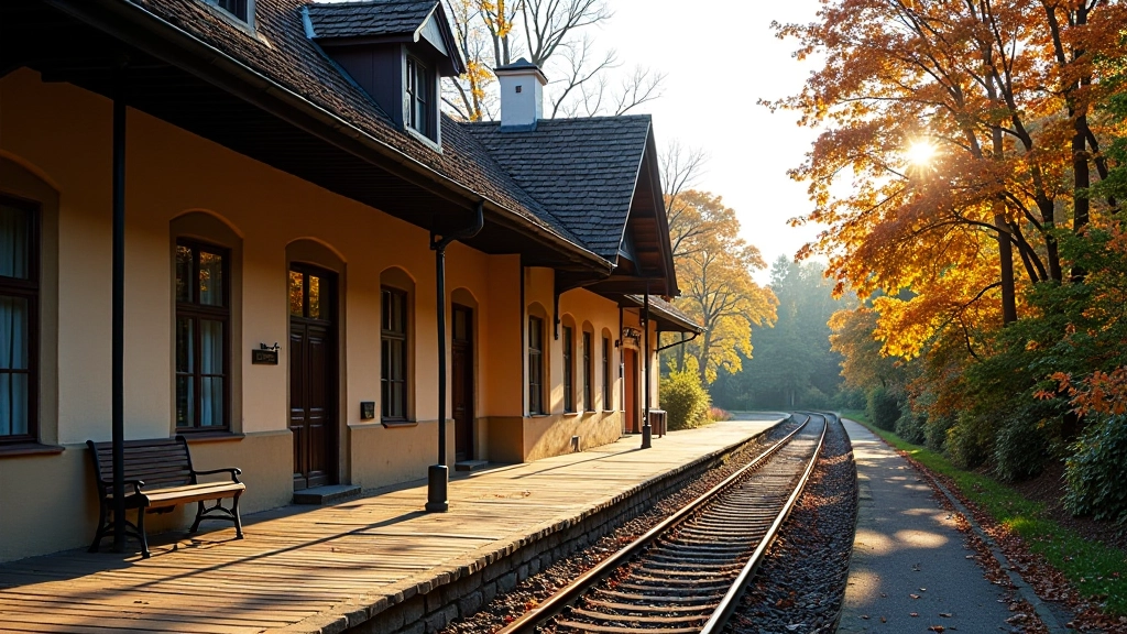 Maza dzelzceļa stacija ar tradicionālu arhitektūru, kvēlējošas oranžas pamatas, skaista rudens