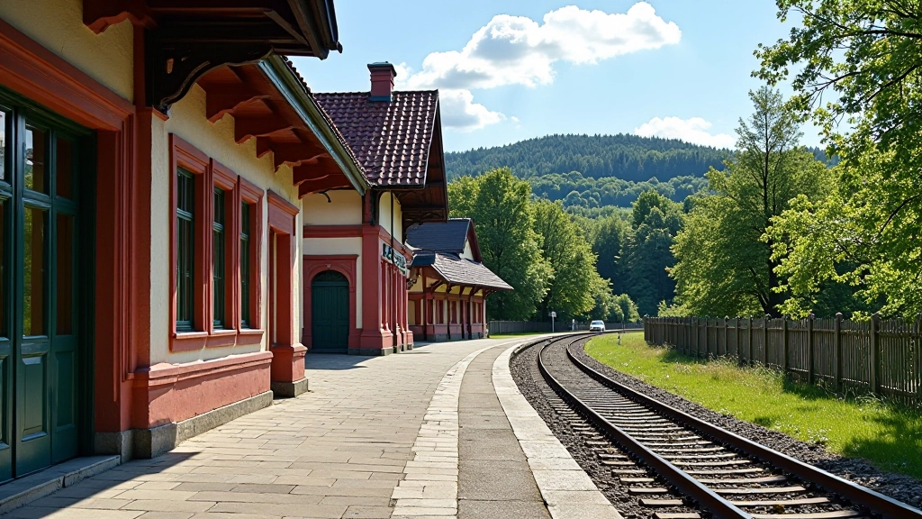 Sigulda stacija ar vēsturiskām ēkām, dzelzceļa sliedes priekšplānā